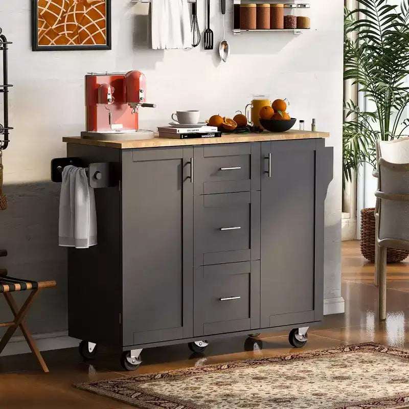 Isola da Cucina con Ruote Nera / Blu / Bianca con Piano in Legno di Gomma, 2 Ripiani Estraibili e Porta Spezie