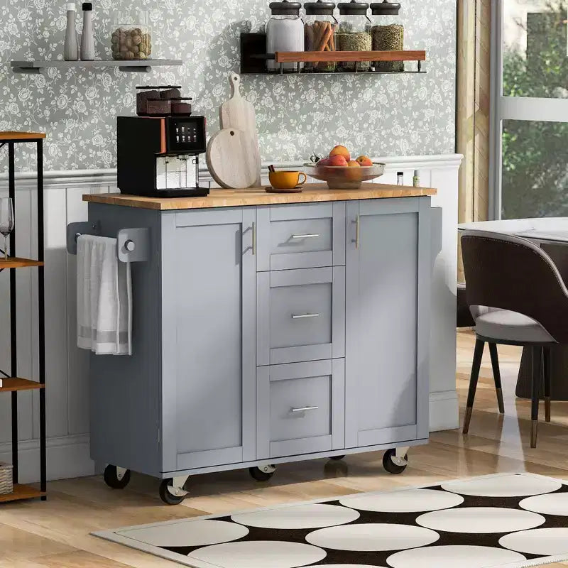 Isola da Cucina con Ruote Nera / Blu / Bianca con Piano in Legno di Gomma, 2 Ripiani Estraibili e Porta Spezie