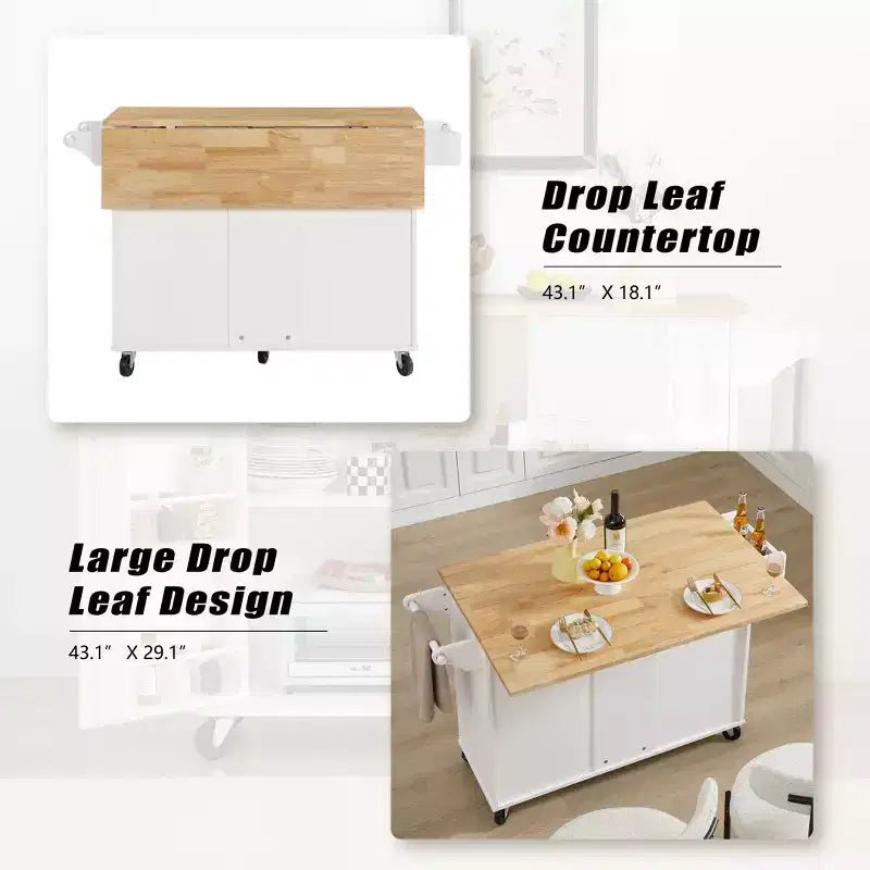 Carrello/Isola da Cucina Marrone/Bianco con Anta a Ribalta, 3 Cassetti e Ripiano, Su Ruote