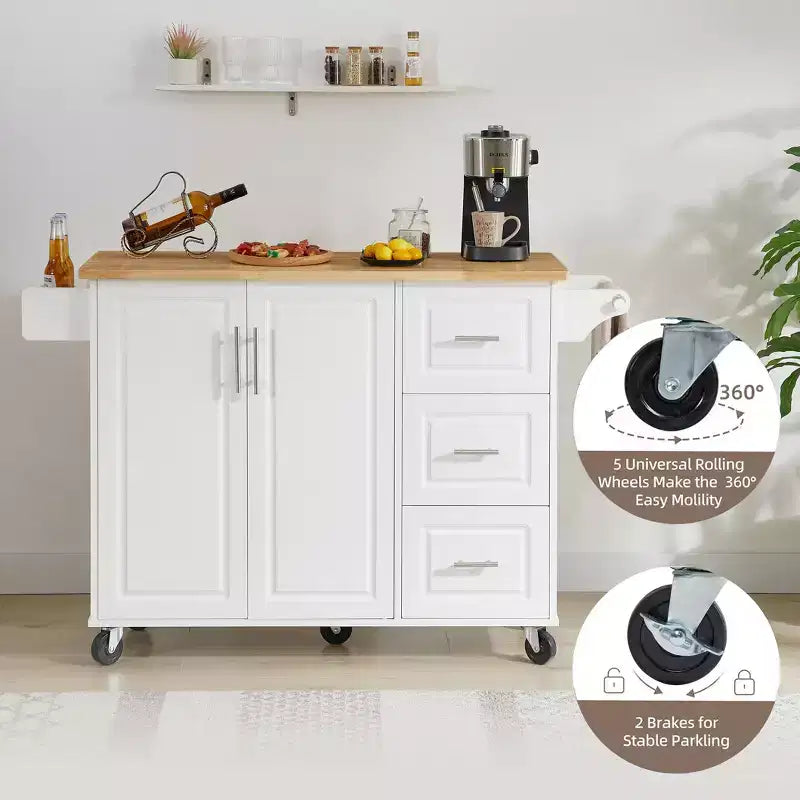 Carrello/Isola da Cucina Marrone/Bianco con Anta a Ribalta, 3 Cassetti e Ripiano, Su Ruote