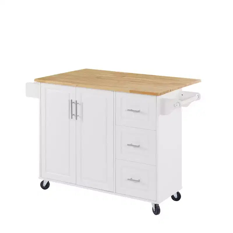 Carrello/Isola da Cucina Marrone/Bianco con Anta a Ribalta, 3 Cassetti e Ripiano, Su Ruote