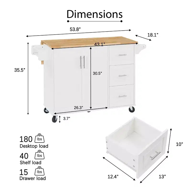 Carrello/Isola da Cucina Marrone/Bianco con Anta a Ribalta, 3 Cassetti e Ripiano, Su Ruote