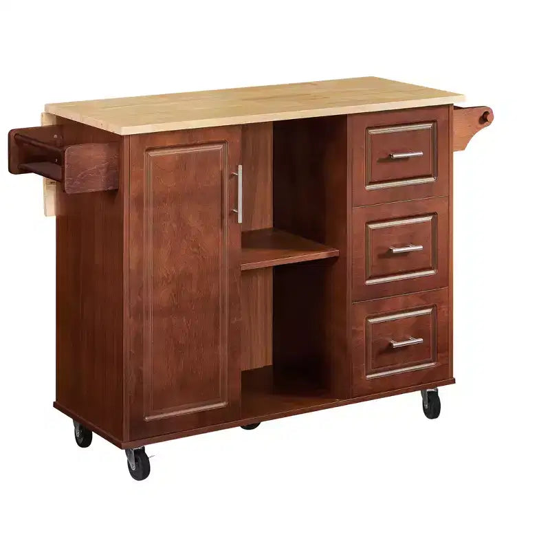 Carrello/Isola da Cucina Marrone/Bianco con Anta a Ribalta, 3 Cassetti e Ripiano, Su Ruote