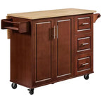 Carrello/Isola da Cucina Marrone/Bianco con Anta a Ribalta, 3 Cassetti e Ripiano, Su Ruote