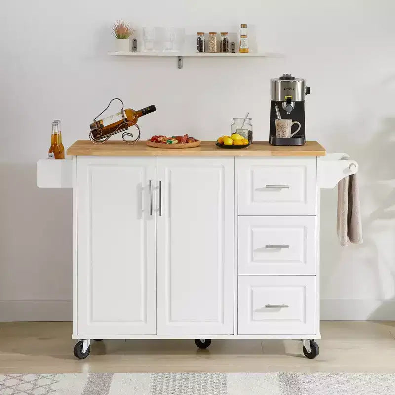 Carrello/Isola da Cucina Marrone/Bianco con Anta a Ribalta, 3 Cassetti e Ripiano, Su Ruote