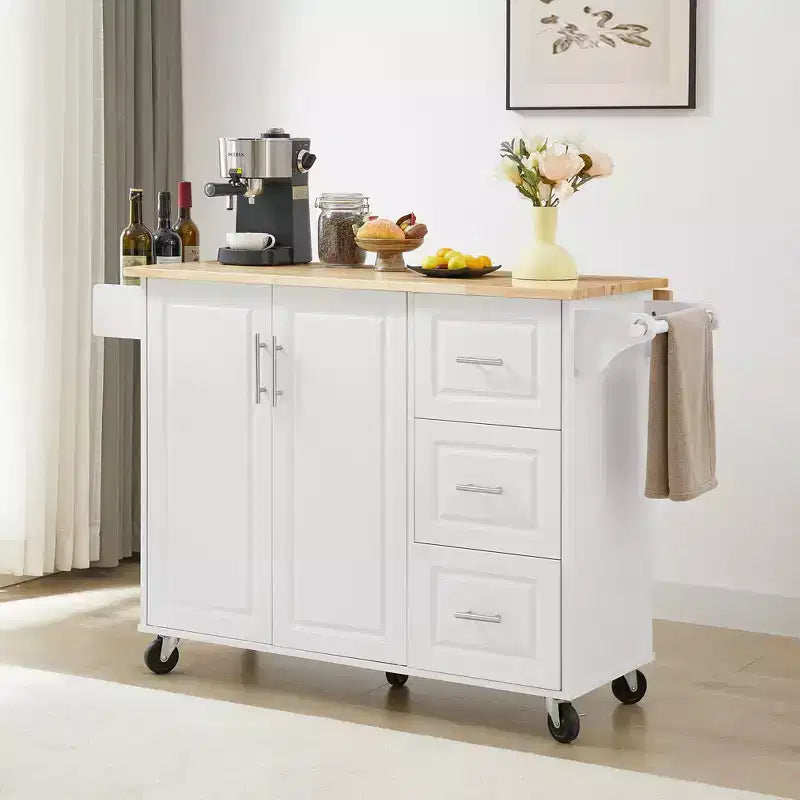Carrello/Isola da Cucina Marrone/Bianco con Anta a Ribalta, 3 Cassetti e Ripiano, Su Ruote