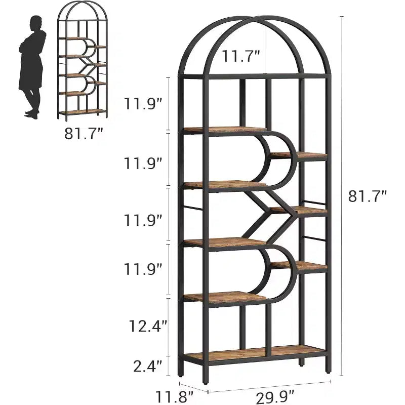 Libreria ad arco nera a 6 ripiani, scaffale aperto per 1 persona