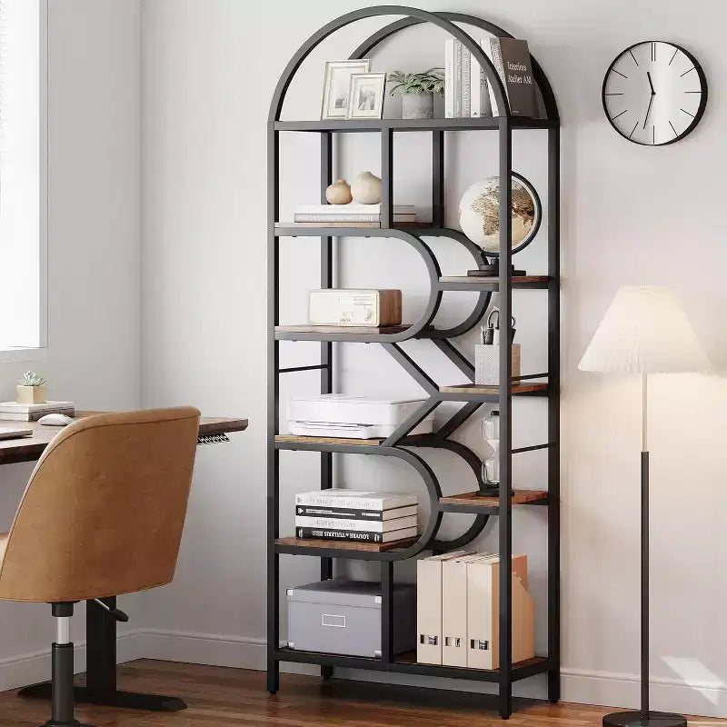Libreria ad arco nera a 6 ripiani, scaffale aperto per 1 persona