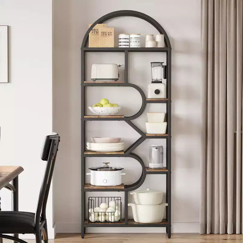 Libreria ad arco nera a 6 ripiani, scaffale aperto per 1 persona
