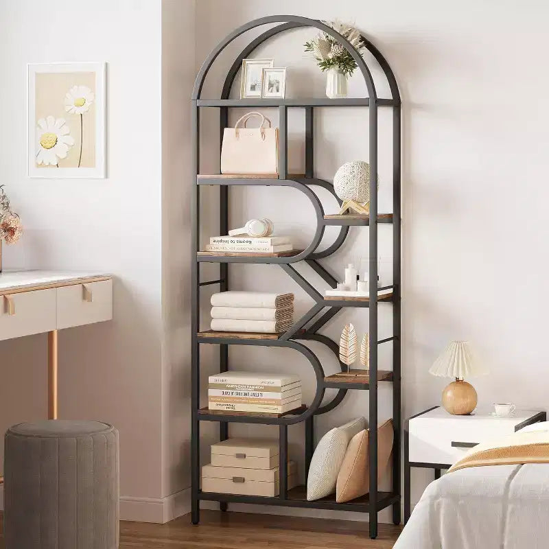 Libreria ad arco nera a 6 ripiani, scaffale aperto per 1 persona