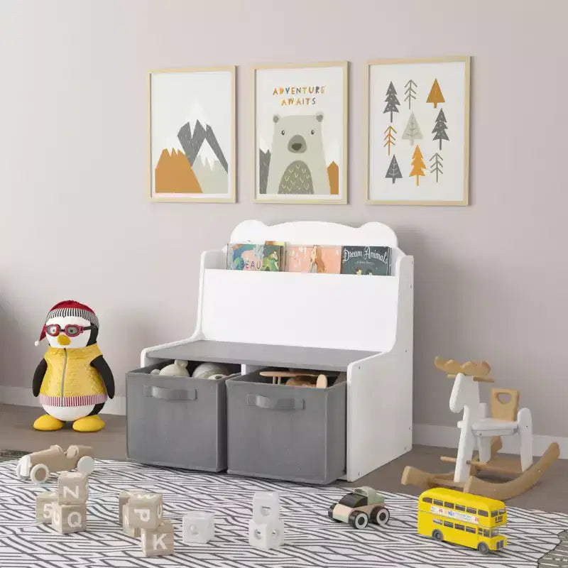 Libreria per bambini a forma di orso bianca e grigia con 2 contenitori in tessuto