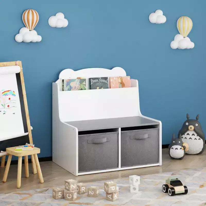 Libreria per bambini a forma di orso bianca e grigia con 2 contenitori in tessuto