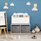 Libreria per bambini a forma di orso bianca e grigia con 2 contenitori in tessuto