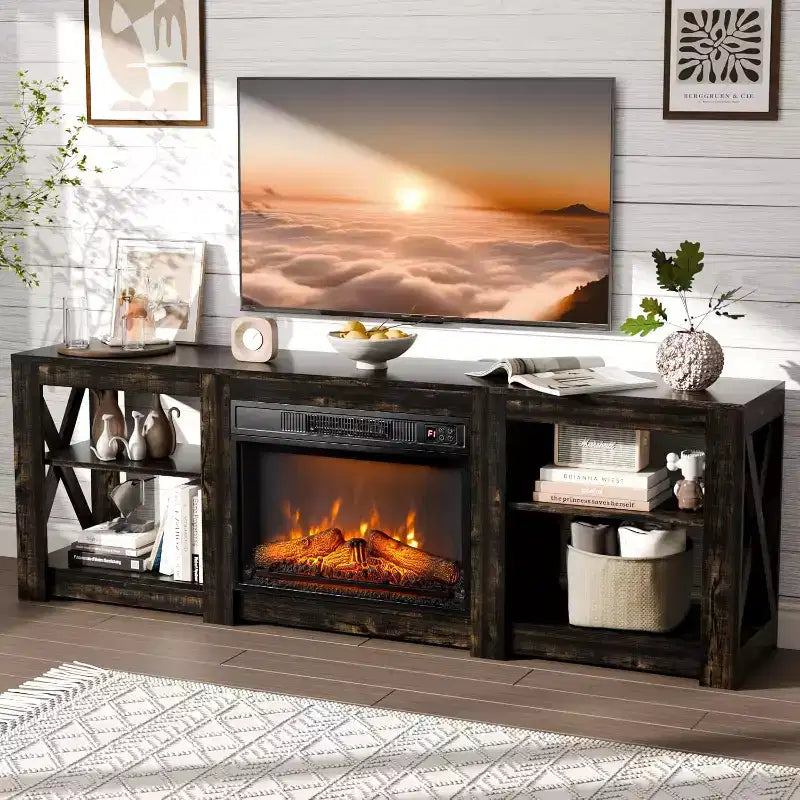 VINGLI Fireplace TV Stand for up to 80 inch TVs, Farmhouse Entertainment Center with Electric Fireplace Heater & Adjustable Shelves