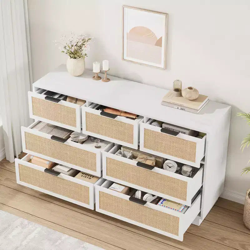 Cassettiera in Rattan Bianco a 7 cassetti, larghezza 140 cm – Utente Singolo