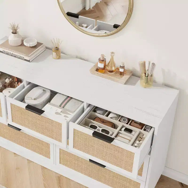 Cassettiera in Rattan Bianco a 7 cassetti, larghezza 140 cm – Utente Singolo