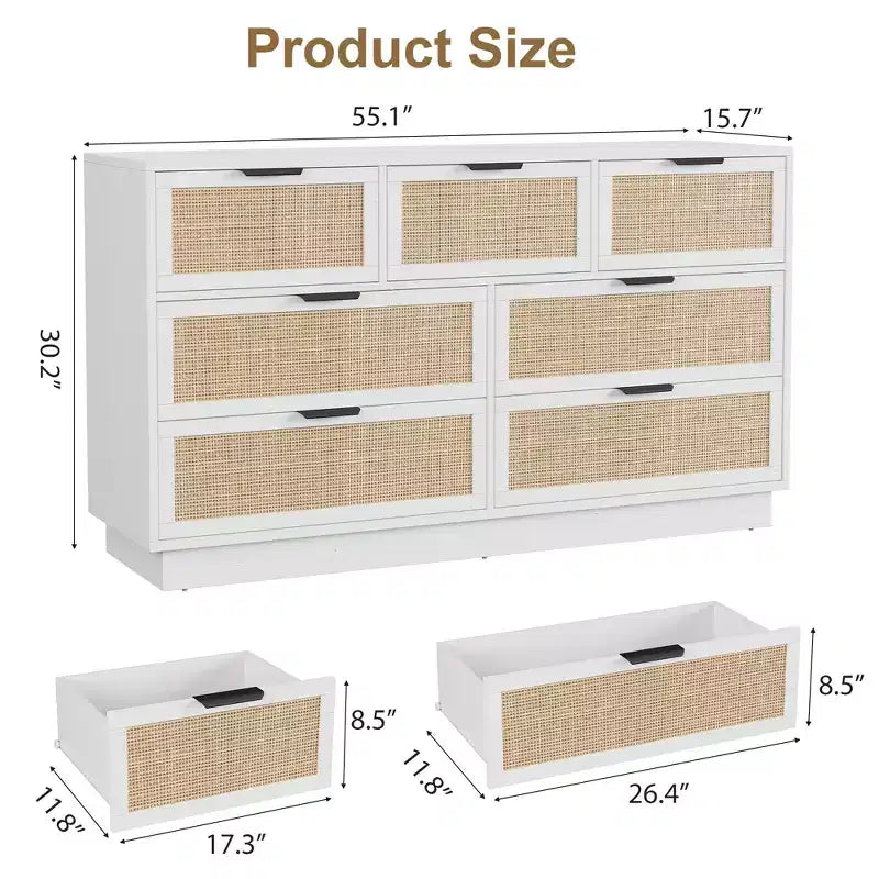 Cassettiera in Rattan Bianco a 7 cassetti, larghezza 140 cm – Utente Singolo