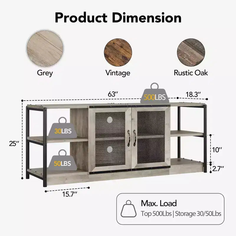 Mobile TV rustico da 63" con ante in rete, Rovere rustico / Grigio / Vintage, Adatto per TV 65"+