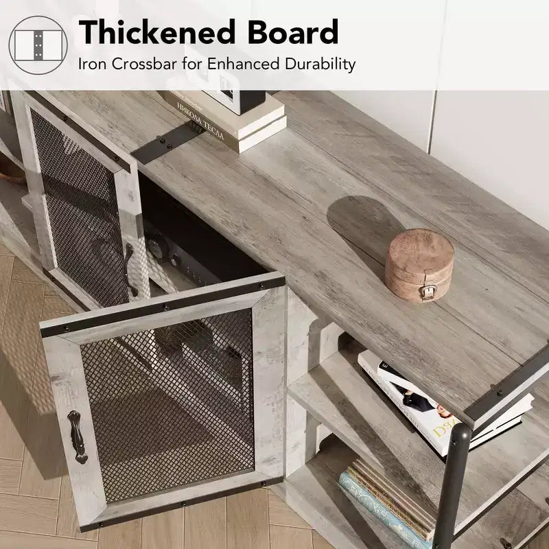 Mobile TV rustico da 63" con ante in rete, Rovere rustico / Grigio / Vintage, Adatto per TV 65"+