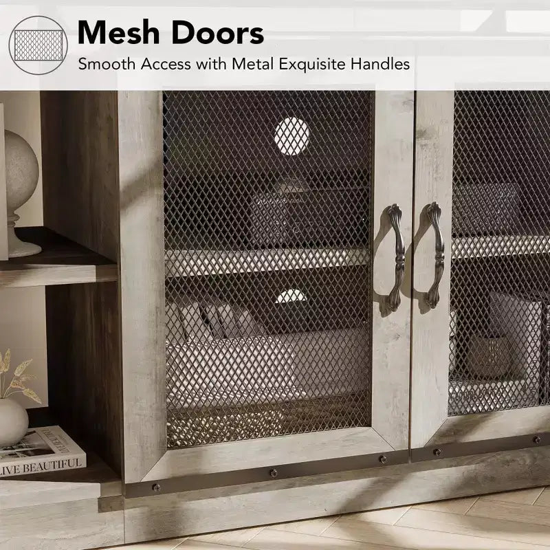 Mobile TV rustico da 63" con ante in rete, Rovere rustico / Grigio / Vintage, Adatto per TV 65"+