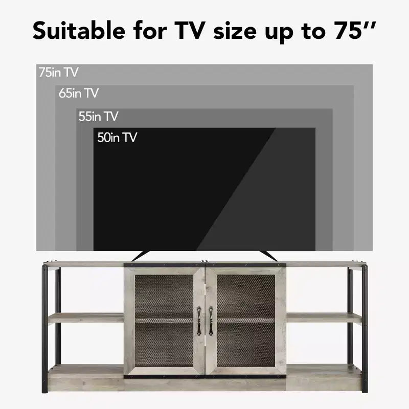 Mobile TV rustico da 63" con ante in rete, Rovere rustico / Grigio / Vintage, Adatto per TV 65"+