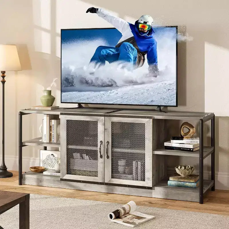 Mobile TV rustico da 63" con ante in rete, Rovere rustico / Grigio / Vintage, Adatto per TV 65"+