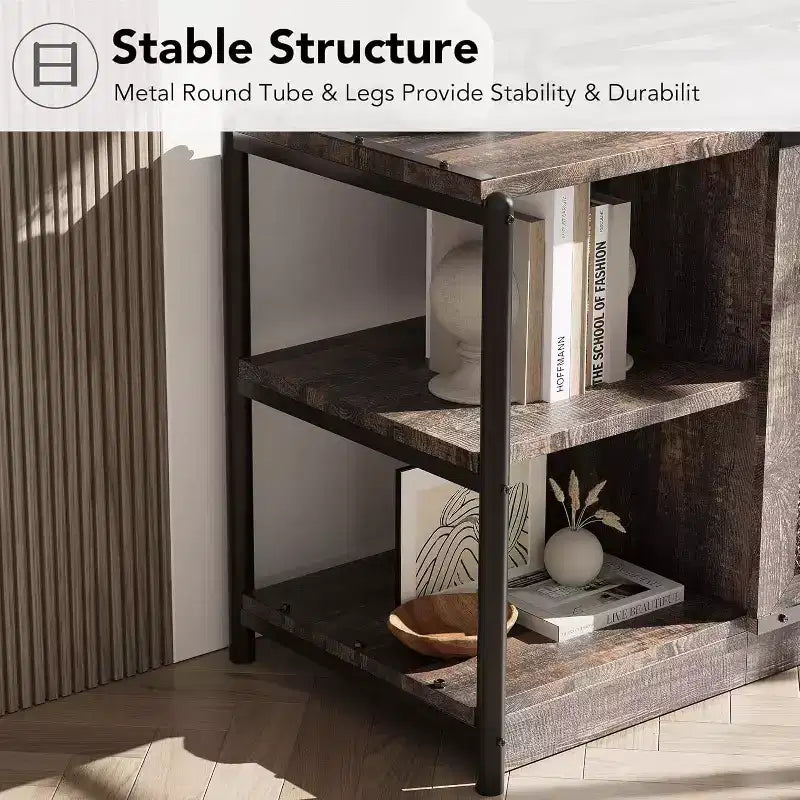 Mobile TV rustico da 63" con ante in rete, Rovere rustico / Grigio / Vintage, Adatto per TV 65"+