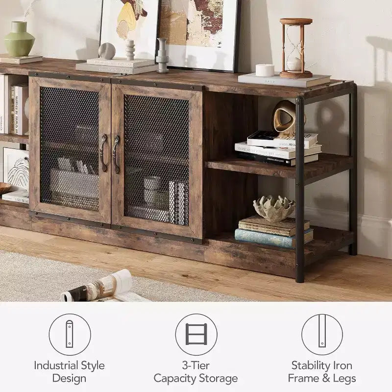 Mobile TV rustico da 63" con ante in rete, Rovere rustico / Grigio / Vintage, Adatto per TV 65"+