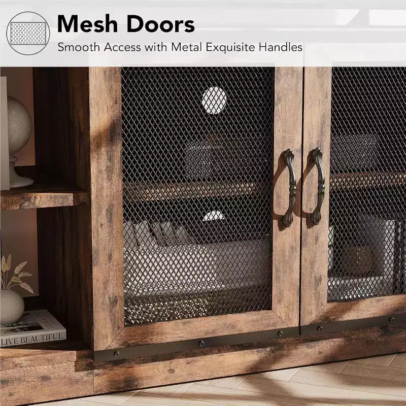 Mobile TV rustico da 63" con ante in rete, Rovere rustico / Grigio / Vintage, Adatto per TV 65"+