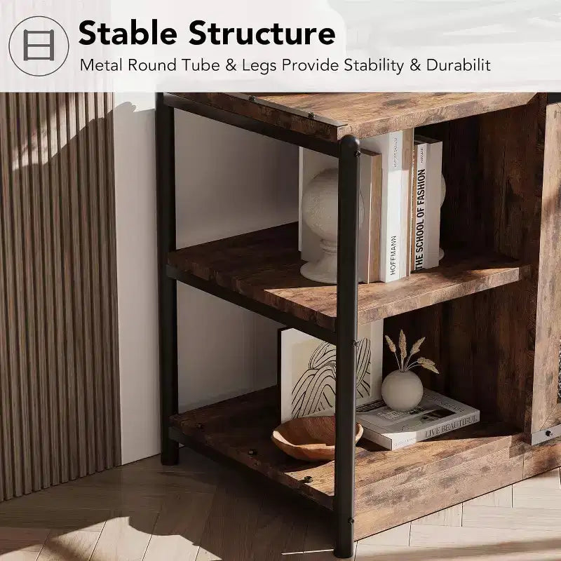 Mobile TV rustico da 63" con ante in rete, Rovere rustico / Grigio / Vintage, Adatto per TV 65"+