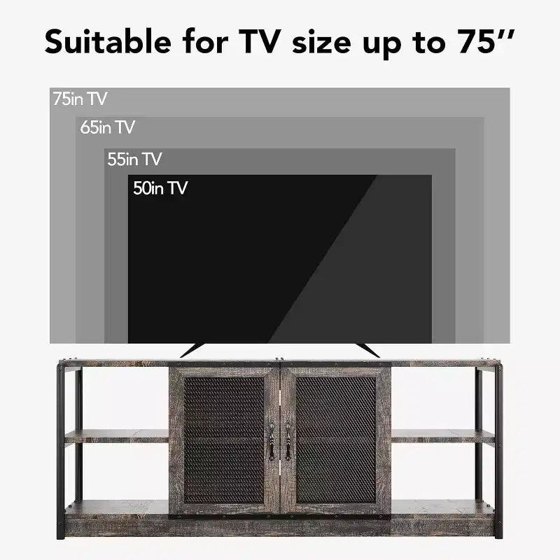 Mobile TV rustico da 63" con ante in rete, Rovere rustico / Grigio / Vintage, Adatto per TV 65"+