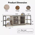 Mobile TV rustico da 63" con ante in rete, Rovere rustico / Grigio / Vintage, Adatto per TV 65"+