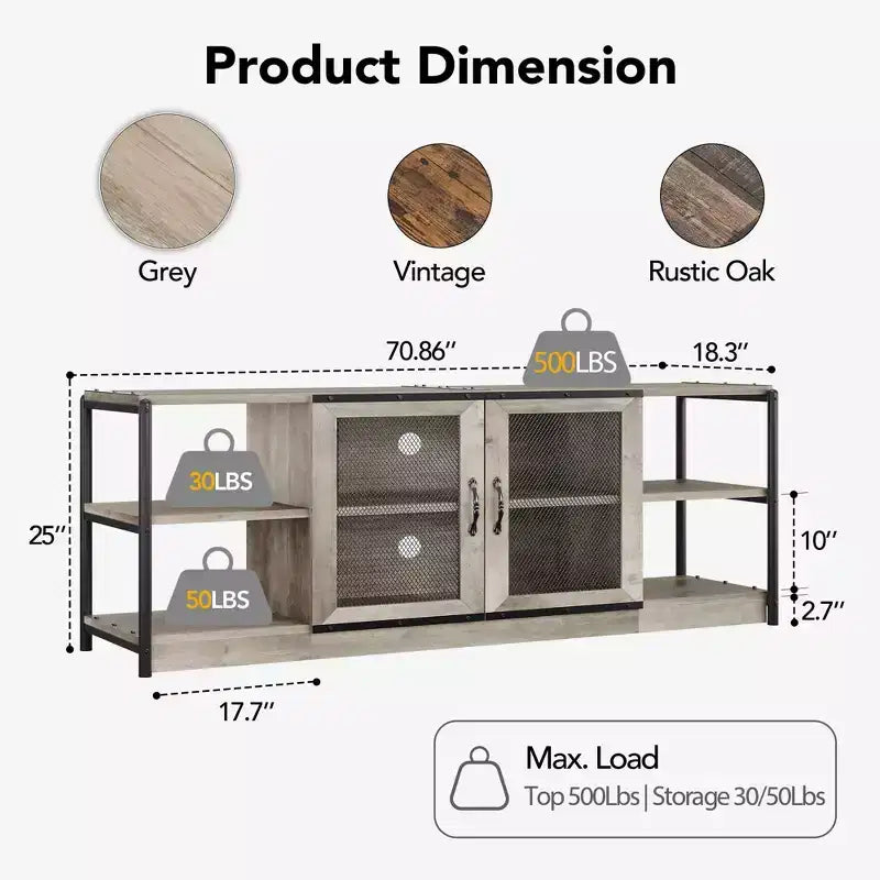 Mobile TV rustico da 63" con ante in rete, Rovere rustico / Grigio / Vintage, Adatto per TV 65"+