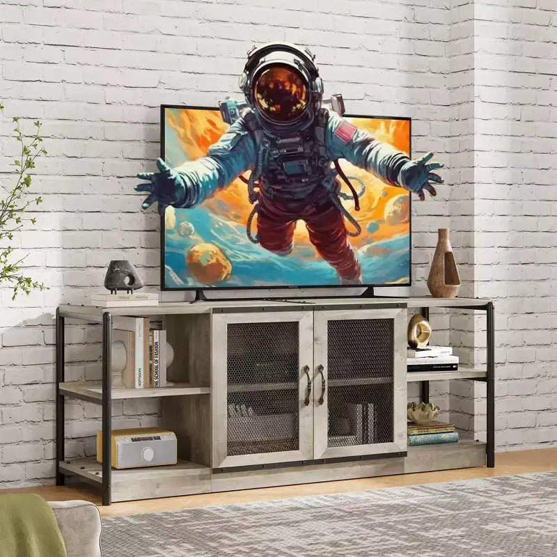 Mobile TV rustico da 63" con ante in rete, Rovere rustico / Grigio / Vintage, Adatto per TV 65"+
