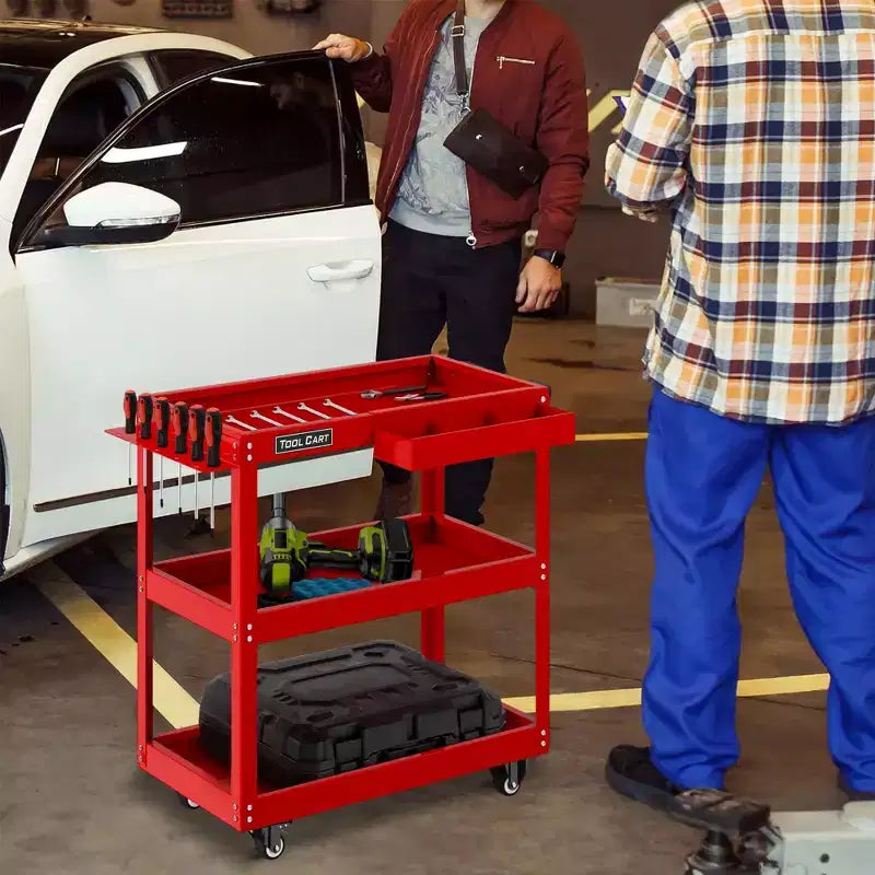 Carrello portautensili rosso a 3 ripiani con cassetto, tutto in metallo, 1 persona
