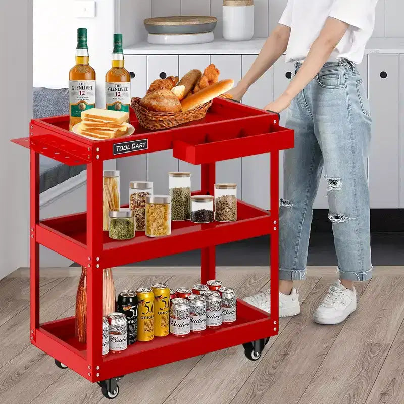 Carrello portautensili rosso a 3 ripiani con cassetto, tutto in metallo, 1 persona