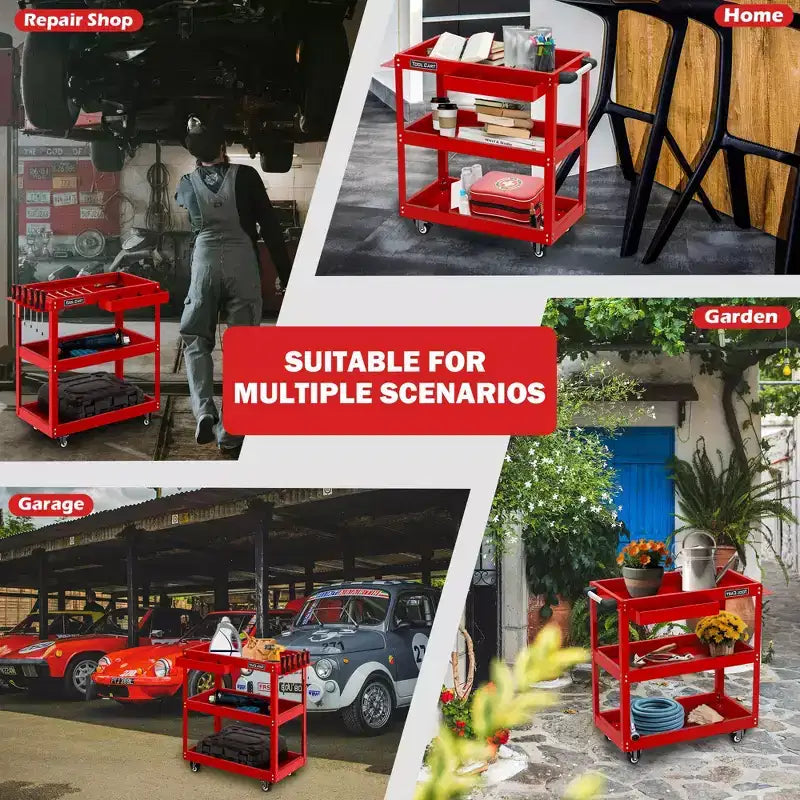 Carrello portautensili rosso a 3 ripiani con cassetto, tutto in metallo, 1 persona