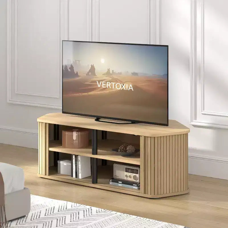 Mobile Porta TV ad Angolo con Ante a Persiana, Rovere Nero / Rovere Oslo / Pergamena / Noce Reale, Adatto per TV fino a 50"