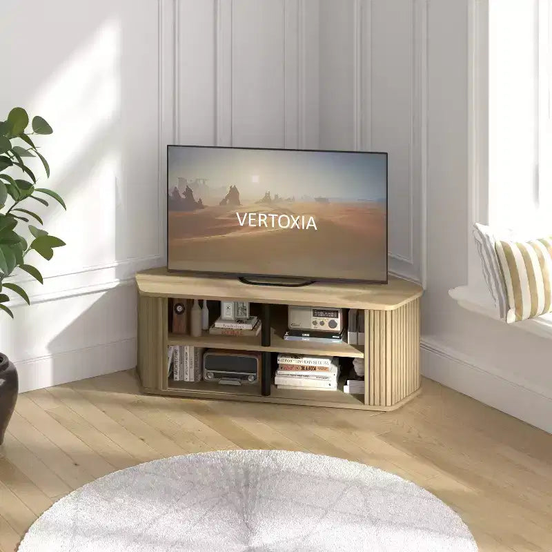 Mobile Porta TV ad Angolo con Ante a Persiana, Rovere Nero / Rovere Oslo / Pergamena / Noce Reale, Adatto per TV fino a 50"