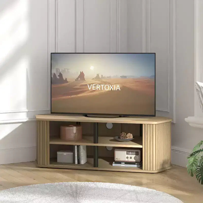 Mobile Porta TV ad Angolo con Ante a Persiana, Rovere Nero / Rovere Oslo / Pergamena / Noce Reale, Adatto per TV fino a 50"