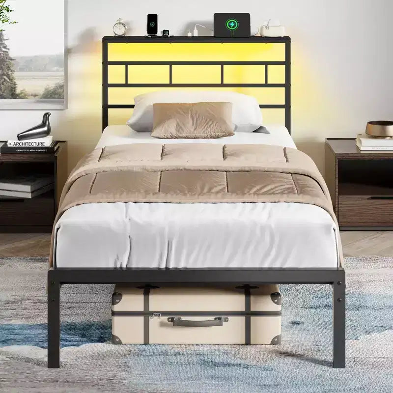 Struttura letto a piattaforma in metallo nero Twin con luci LED e stazione di ricarica, testiera contenitore, 1 persona