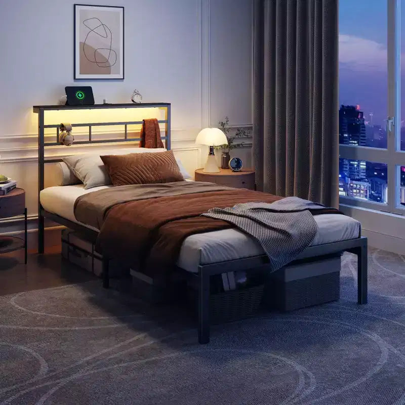 Struttura letto a piattaforma in metallo nero Twin con luci LED e stazione di ricarica, testiera contenitore, 1 persona