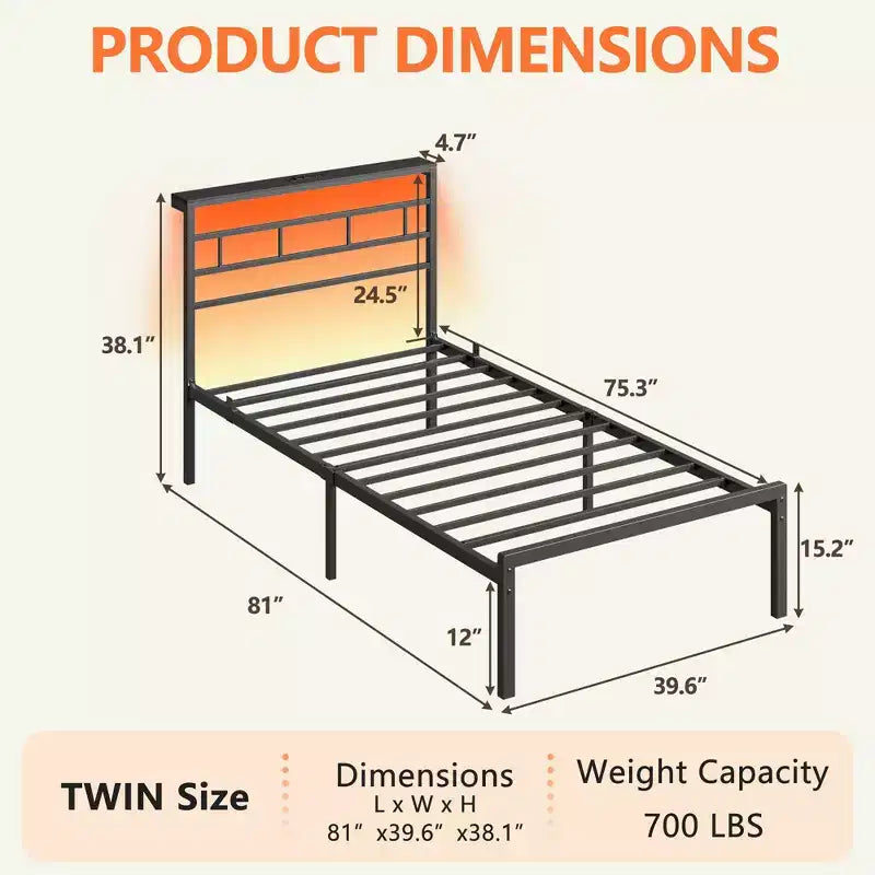 Struttura letto a piattaforma in metallo nero Twin con luci LED e stazione di ricarica, testiera contenitore, 1 persona