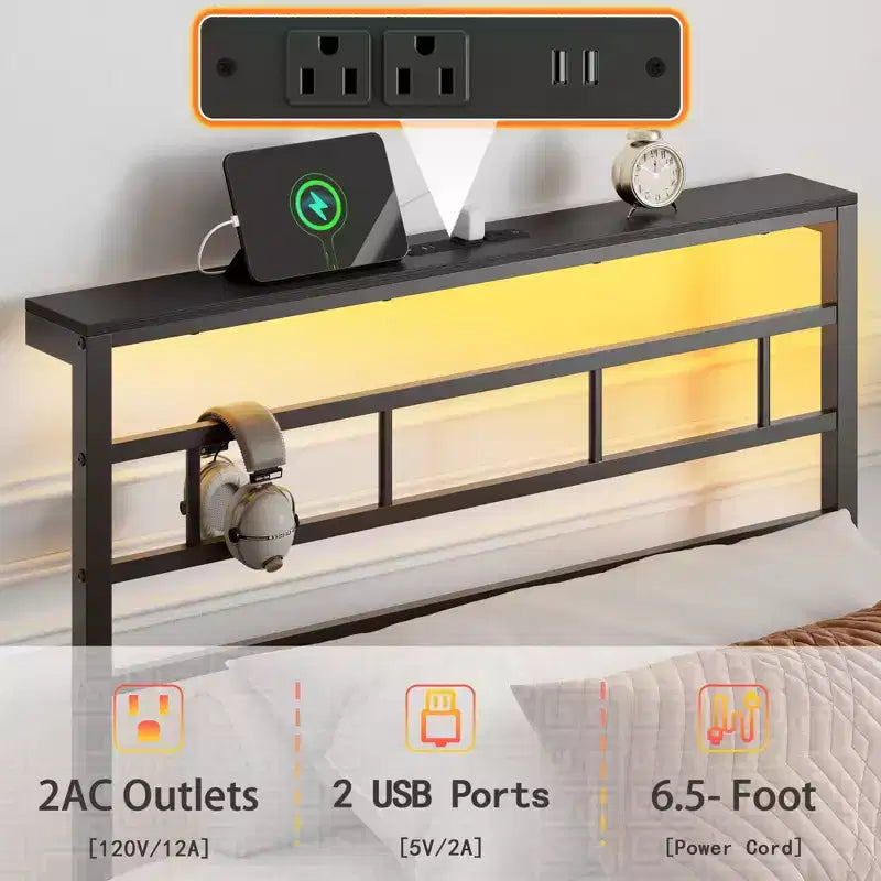 Struttura letto a piattaforma in metallo nero Twin con luci LED e stazione di ricarica, testiera contenitore, 1 persona