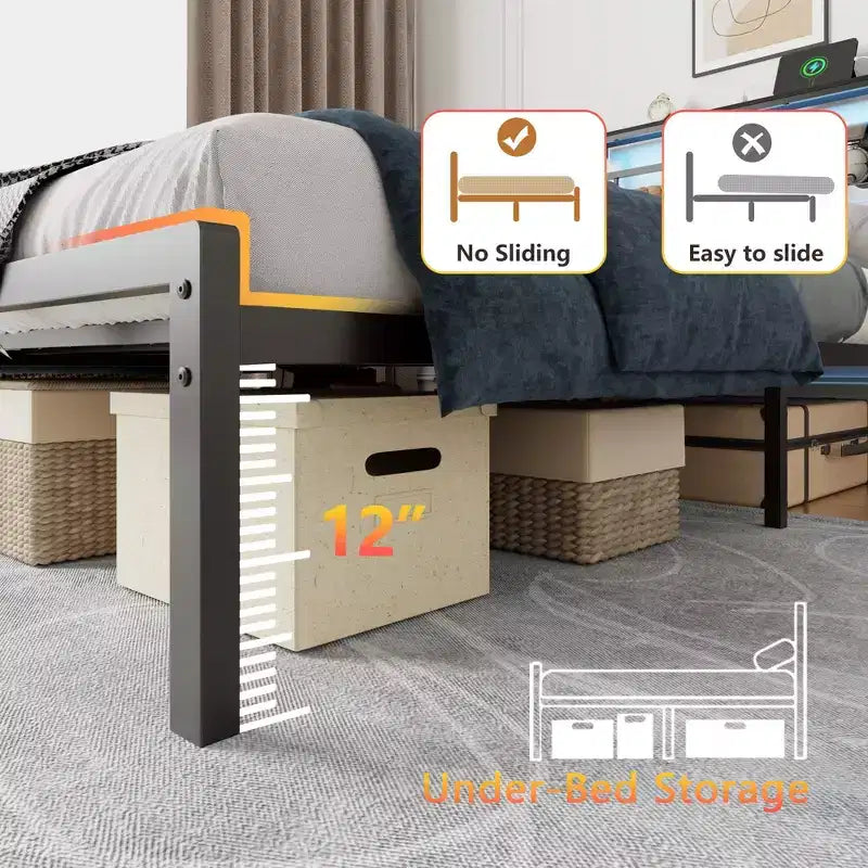 Struttura letto a piattaforma in metallo nero Twin con luci LED e stazione di ricarica, testiera contenitore, 1 persona