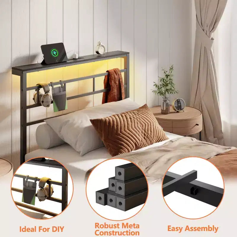 Struttura letto a piattaforma in metallo nero Twin con luci LED e stazione di ricarica, testiera contenitore, 1 persona