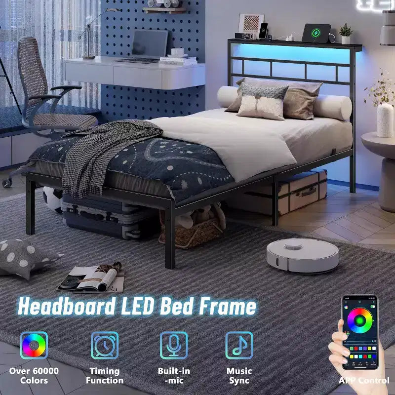 Struttura letto a piattaforma in metallo nero Twin con luci LED e stazione di ricarica, testiera contenitore, 1 persona