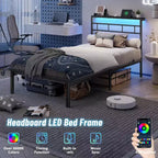 Struttura letto a piattaforma in metallo nero Twin con luci LED e stazione di ricarica, testiera contenitore, 1 persona