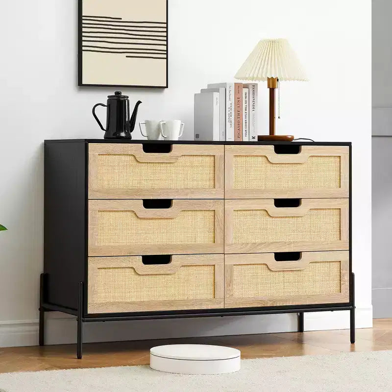 47'' Farmhouse Chest of Drawers,Rattan 6 Drawer Dresser with Metal Legs,Modern Wooden Dresser ,Large Wide Drawer Dresser for Bedroom,Living Room