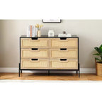 Comò a 6 cassetti nero/rovere con pannello in rattan e gambe in metallo, 120 cm